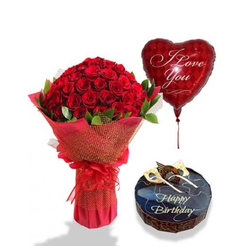 Buy A Bunch of 50 Red roses, 1 Kg Chocolate cake and 1 heart shape ...