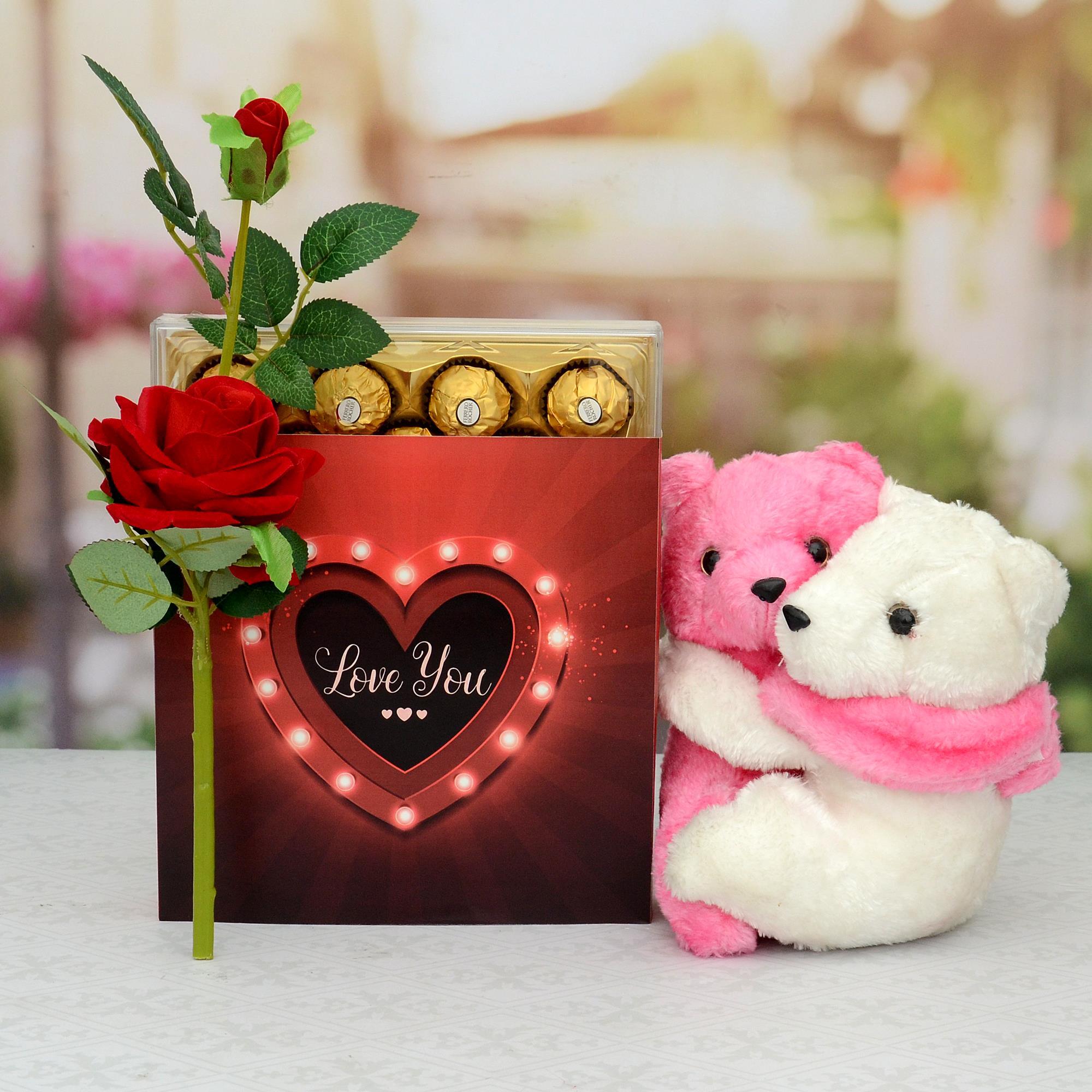 Teddy with rose and sales chocolate