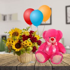 12 Mix flowers 6 pcs Balloons and 6 inch Teddy Bear