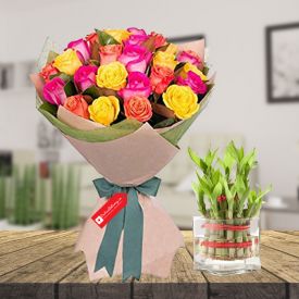 Mix roses & 2 layer bamboo with Vase