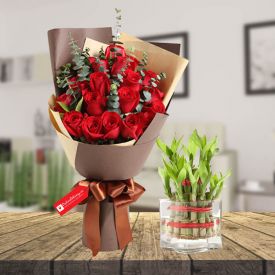 Red rose & 2 layer bamboo with vase