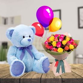 12 Mix Roses,6 pcs Happy Valentine day Balloons and 6 inch Teddy Bear