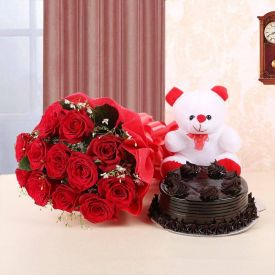 combo red rose teddy and cake
