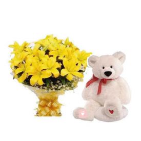 A bunch of 10 yellow lilies and (6 inches)cute teddy bear