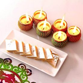 6 Pcs Designer Diyas with Kaju Katli