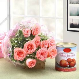 Sweetly Fresh Pink Roses & Gulab Jamun