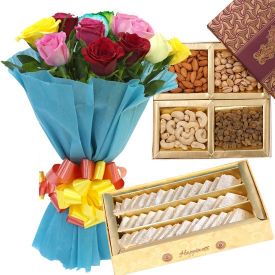 Mixed Roses, Dry Fruits and Mixed Sweets