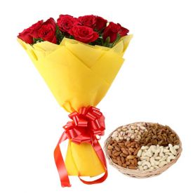 Red Roses With Mixed Dry Fruits With Basket