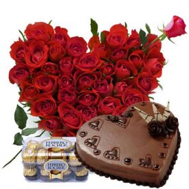 Heart shape roses, chocolate cake with ferrero rocher