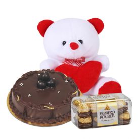 1kg chocolate cake, 6 inch teddy bear and16 pcs ferrero rochers