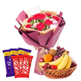 12 Mixed Flowers With 2 Kg Mixed Fruits and 6 Pcs Cadbury Dairy Milk & Kit kat Chocolates