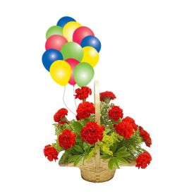 Basket of 20 mixed carnation and 10 balloons