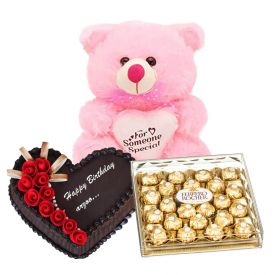 1 Kg heart shaped chocolate cake, 24 pcs ferrero Rocher chocolate and 6 inch teddy bear