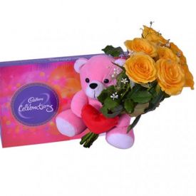 6 Yellow Roses, 6 inches of Teddy Bear Cadbury celebration