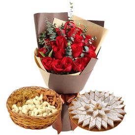 20 Red Roses, Half Kg Mixed Dry Fruits and Half kg Kaju Katli