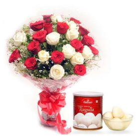 Bunch of 15 Red and White Roses with 1 Kg Haldiram Rasgulla