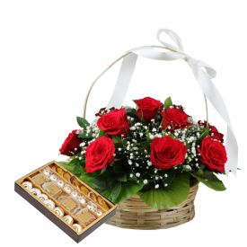 Basket of 10 Red Roses with 1 Kg Mixed Sweets