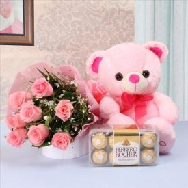18 Pink Roses with Teddy & 16 Pcs Ferrero Rocher