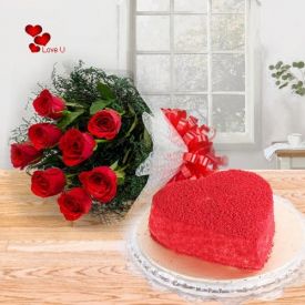 Heart Shape Red Velvet & Roses Bunch