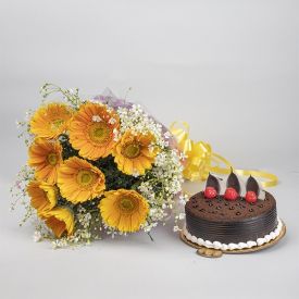 Yellow Gerberas with Chocolate cake