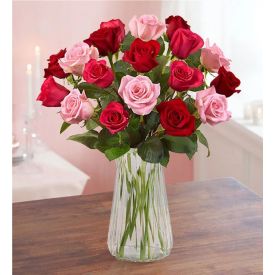 17 Red and Pink Roses In Vase
