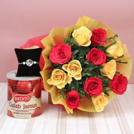 Bunch Of Red & yellow Roses With Gulab Jamun