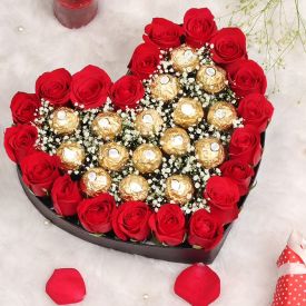 Ferrero Rocher N Roses In Heart Arrangement