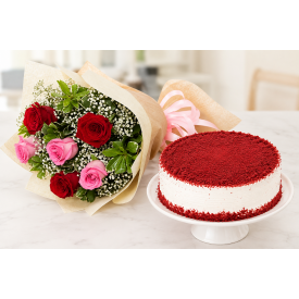 Red Velvet With Mixed Roses Bouquet