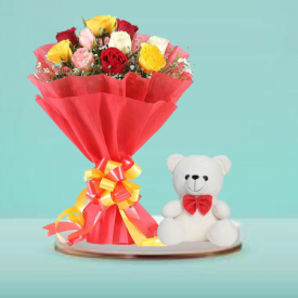 12 Mix Color Roses and Teddy