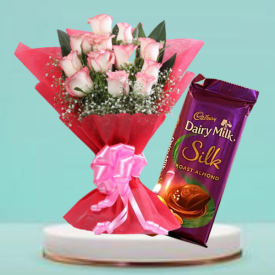 12 pink roses with 1 dairy-milk chocolate