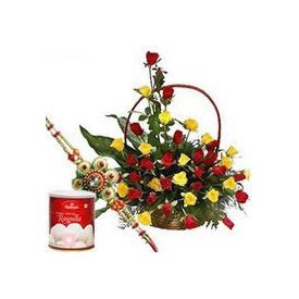 Rakhi with 1 kg Rasgulla and Basket of 20 mix Rose