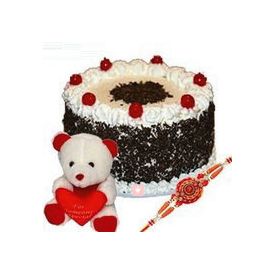 Rakhi with 1/2 kg Black forest cake and 6 inch Teddy bear