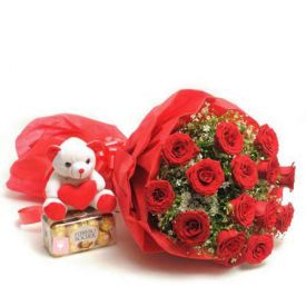 10 Red Roses, 16 pcs Ferrero Rocher and 6 inch Teddy