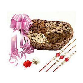 500 grams mixed dry fruits with Basket and 3 Rakhi