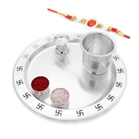 Rakhi Pooja Thalis-Silver Swastik Pooja Thali Set ith Swastik Rakhi