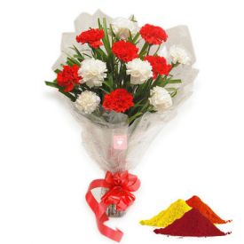 Red and White carnations with Gulal