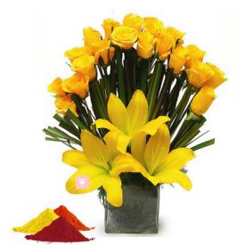 Yellow Roses, Yellow lilies with vase and Gulal