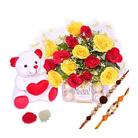 Roses,Chocolates ,1 Teddy of 6 inch,Rakhi