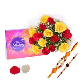 Bunch of 15 Red & Yellow Roses,Chocolates ,Pearl Rakhi