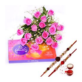 Bunch of 15 Pink Roses,Chocolates ,Rakhi