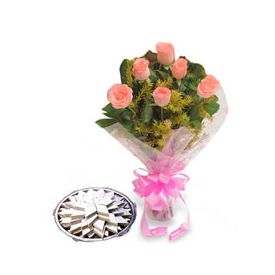 6 Pink Roses ,Ladoo 500gm