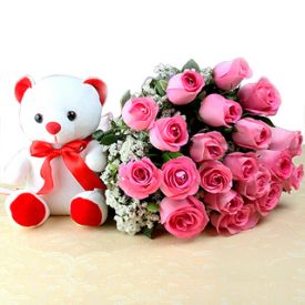 20 pink roses Bunch and (6 inch) white teddy bear