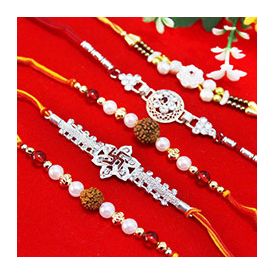 Set of 5 Rakhis, 2 Rudraksha Pearl Rakhis, 1 Designer Black Beaded Rakhi alongside with 2 Silver Sto