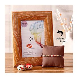 Personalized wooden border frame with lovely rakhi