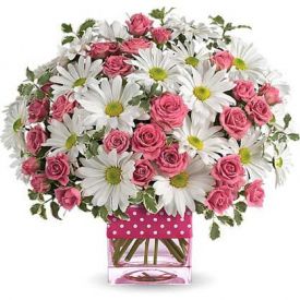 pink and white bouquet with vase