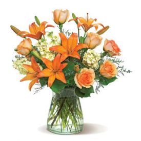 6 yellow stock, 6 peach roses, 6 orange Asiatic lilies, 4 stems lemon leaves, 4 stems misty blue, bu