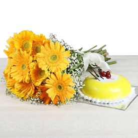 12 Yellow Gerberas with Half Kg Pineapple Cake