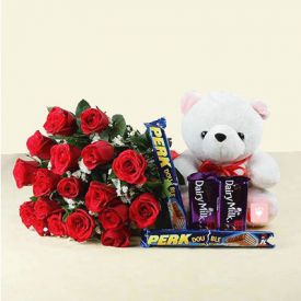10 Red Roses with 4 Chocolate Bars & Teddy Bear