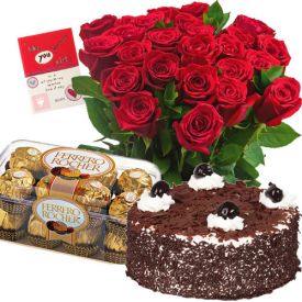 Bunch of 20 Red Roses, 1/2 kg Black Forest cake with 16 Pcs Ferrero Rocher