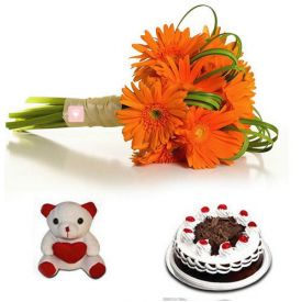 10 Orange Gerberas,500 gram Black Forest cake, 6 inch teddy bear